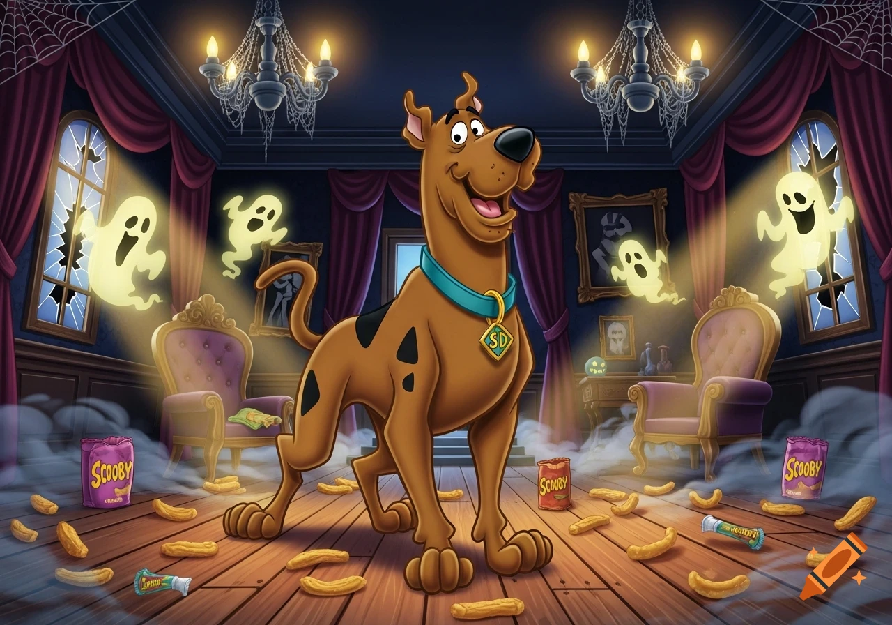 Scooby-Doo stands in a haunted mansion with glowing ghosts, surrounded by scattered Scooby Snacks.