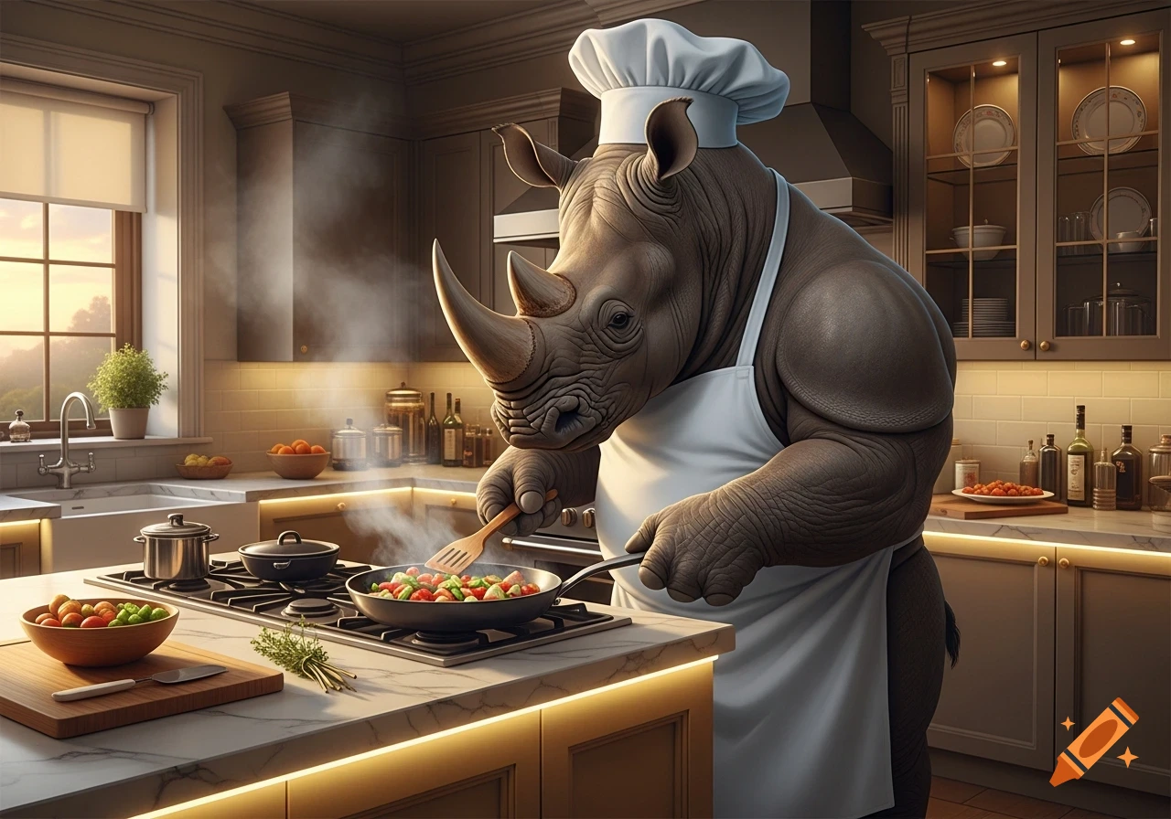 A photorealistic rhino chef wearing an apron and hat cooks dinner with a spatula in a pan on a stove in a well-appointed kitchen.