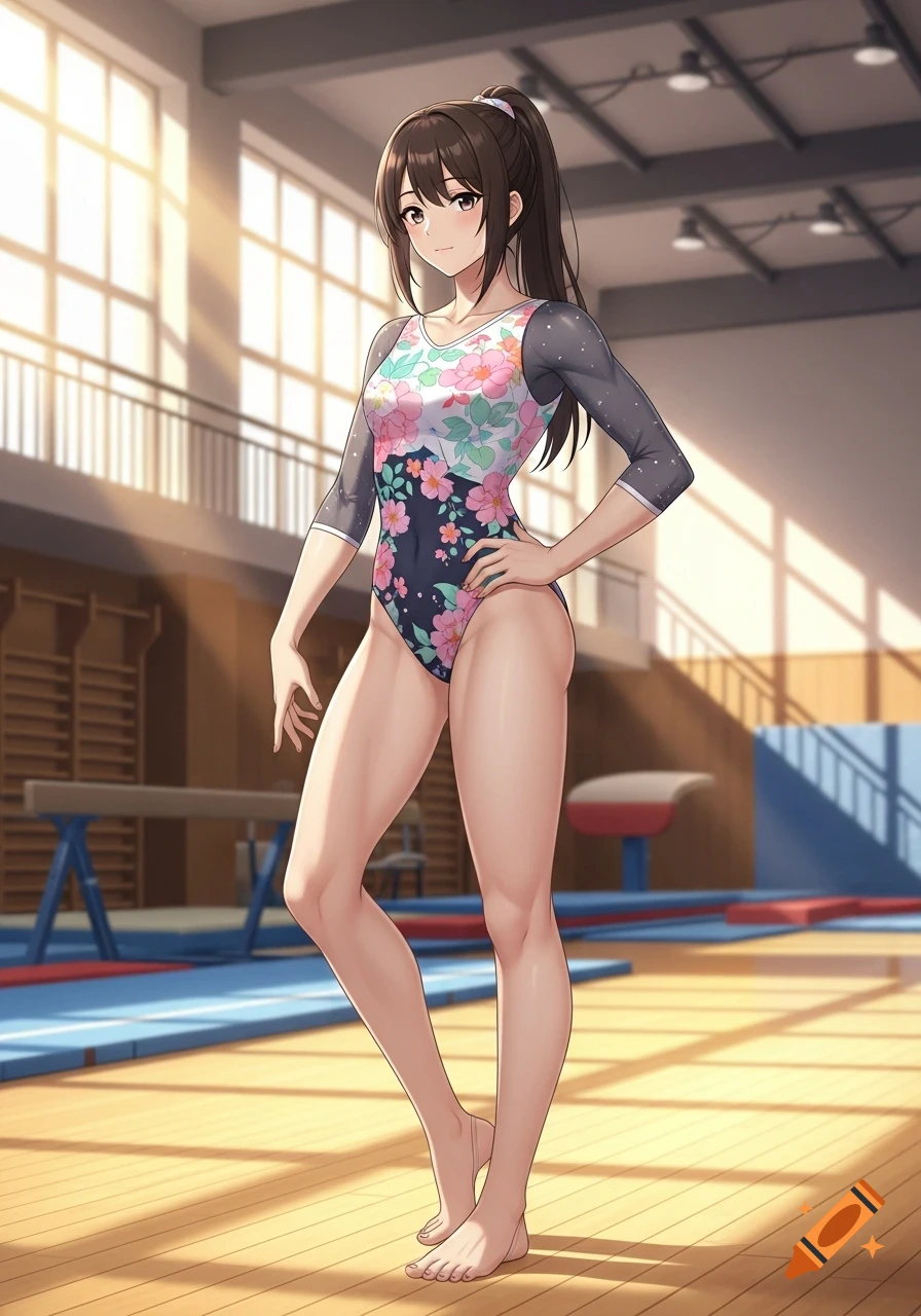 Anime-style brunette gymnast with a ponytail in a floral leotard stands in a sunlit gym.