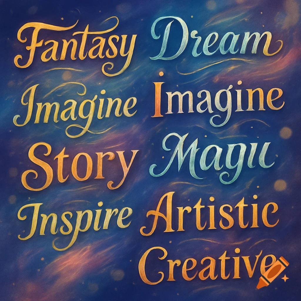 Stylized golden and blue script words like 'Fantasy', 'Dream', 'Imagine', 'Story', 'Magic', 'Inspire', 'Artistic', 'Creative' on a starry blue background.