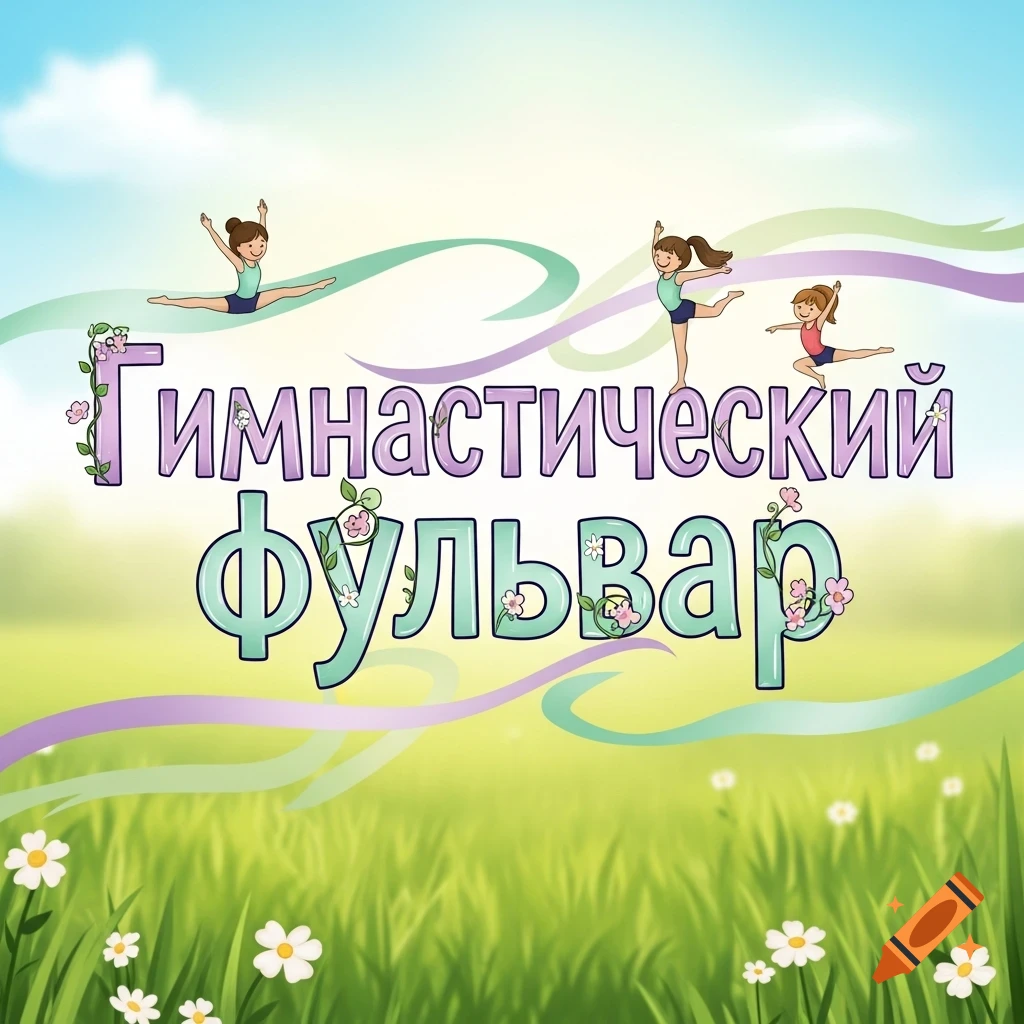 Cartoon girls doing gymnastics poses in a sunny field with flowers, with the text 'Гимнастический бульвар' (Gymnastic Boulevard).