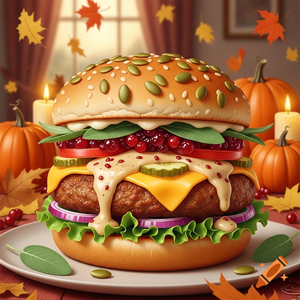 A photorealistic Thanksgiving cheeseburger with cranberries, sage, cheese, and pickles, set amidst pumpkins and autumn leaves.