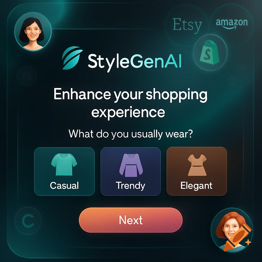 A sleek digital interface for StyleGenAI, an AI shopping assistant, showing style preferences and e-commerce platform logos.
