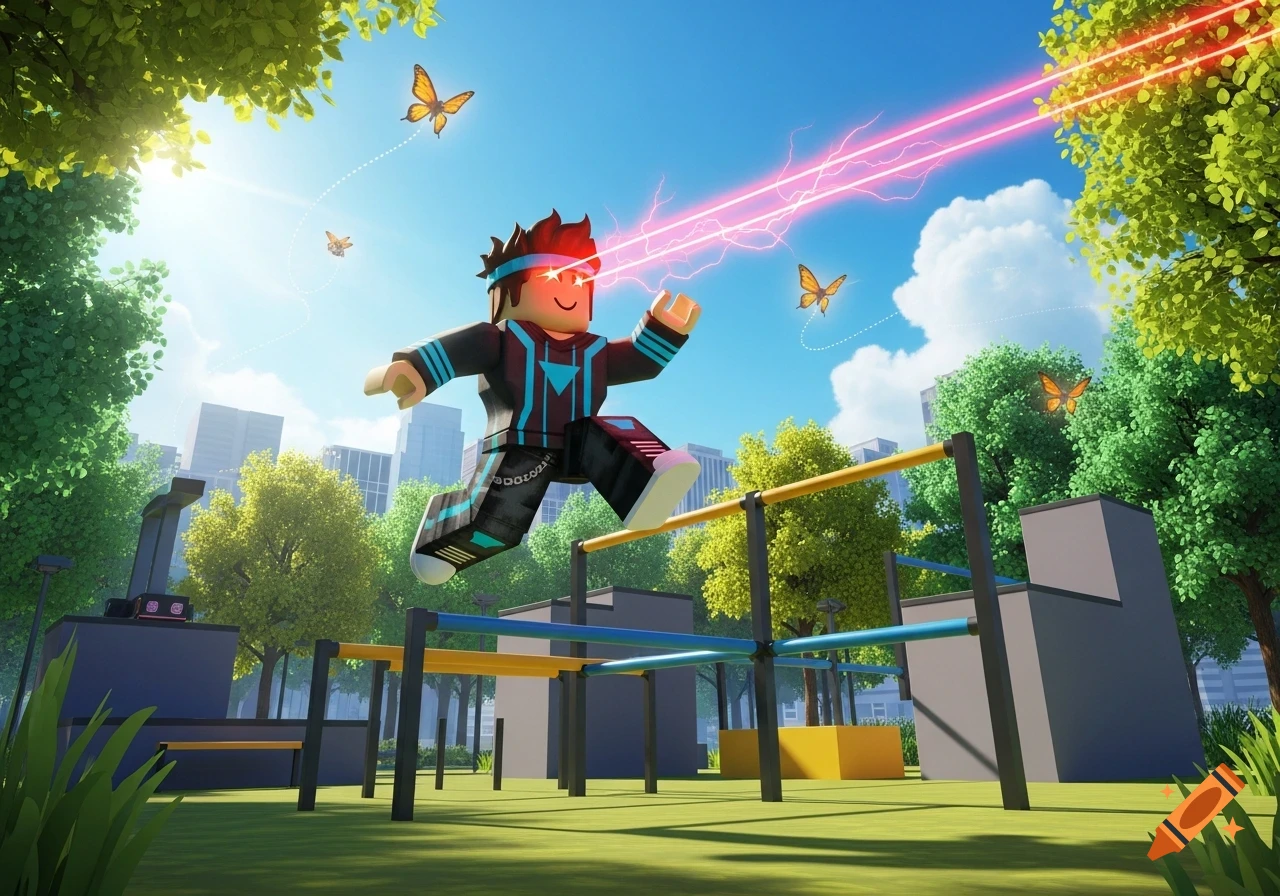 A Roblox avatar with red laser eyes jumps over parkour bars in a sunny park with city buildings in the background.
