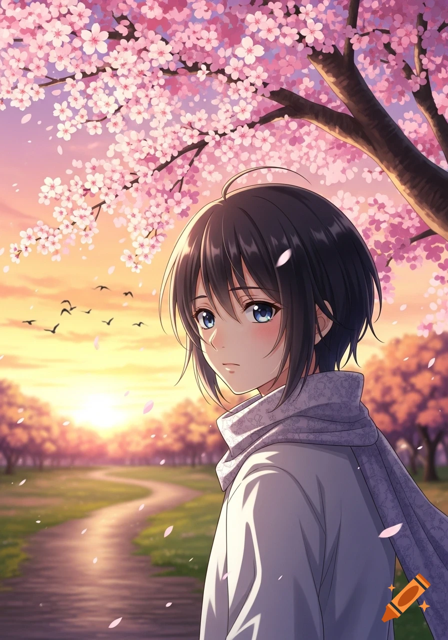 An anime character with short dark hair and a scarf, standing in a park with pink cherry blossoms at sunset.
