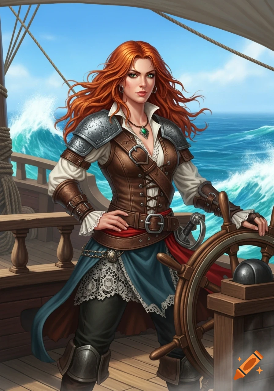 Detailed illustration of a red-haired female pirate in a leather vest and armor, standing at a ship's wheel on a stormy sea.