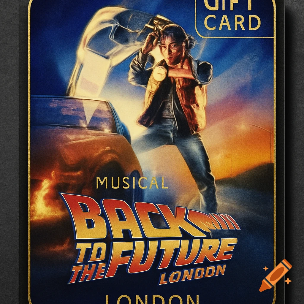 A Back to the Future musical gift card featuring Marty McFly and the DeLorean against a sunset sky.