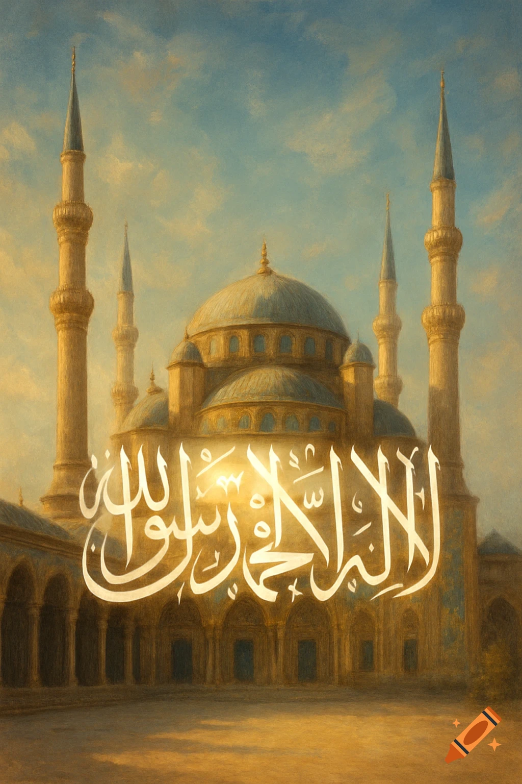 Painterly image of a mosque with prominent golden Arabic calligraphy of the Shahada against a blue and golden sky.