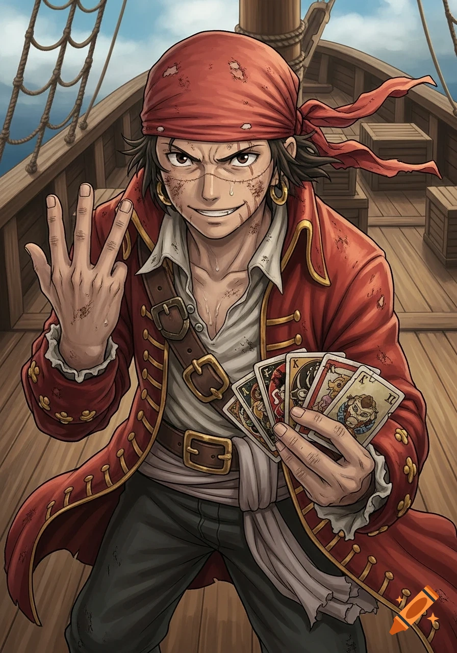 A gritty anime-style pirate with scars, wearing a red bandana and coat, holds up three fingers and a fan of cards on a ship deck.