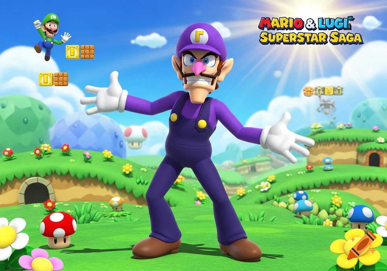 Waluigi stands with open arms in a vibrant Super Mario world, with Luigi jumping in the background, text reads Mario & Luigi Superstar Saga.