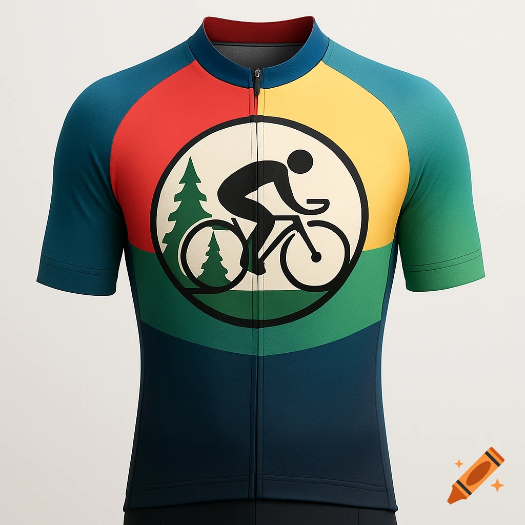 A colorful cycling jersey featuring a central circular logo with a black silhouette of a cyclist and green pine trees.
