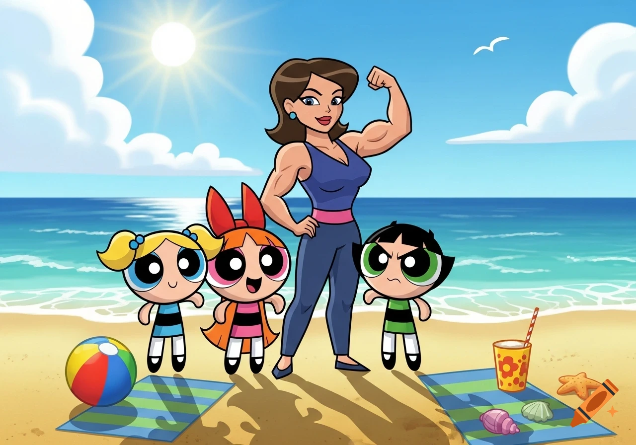 A muscular woman flexing her bicep stands with the Powerpuff Girls (Blossom, Bubbles, and Buttercup) on a sunny beach, cartoon style.