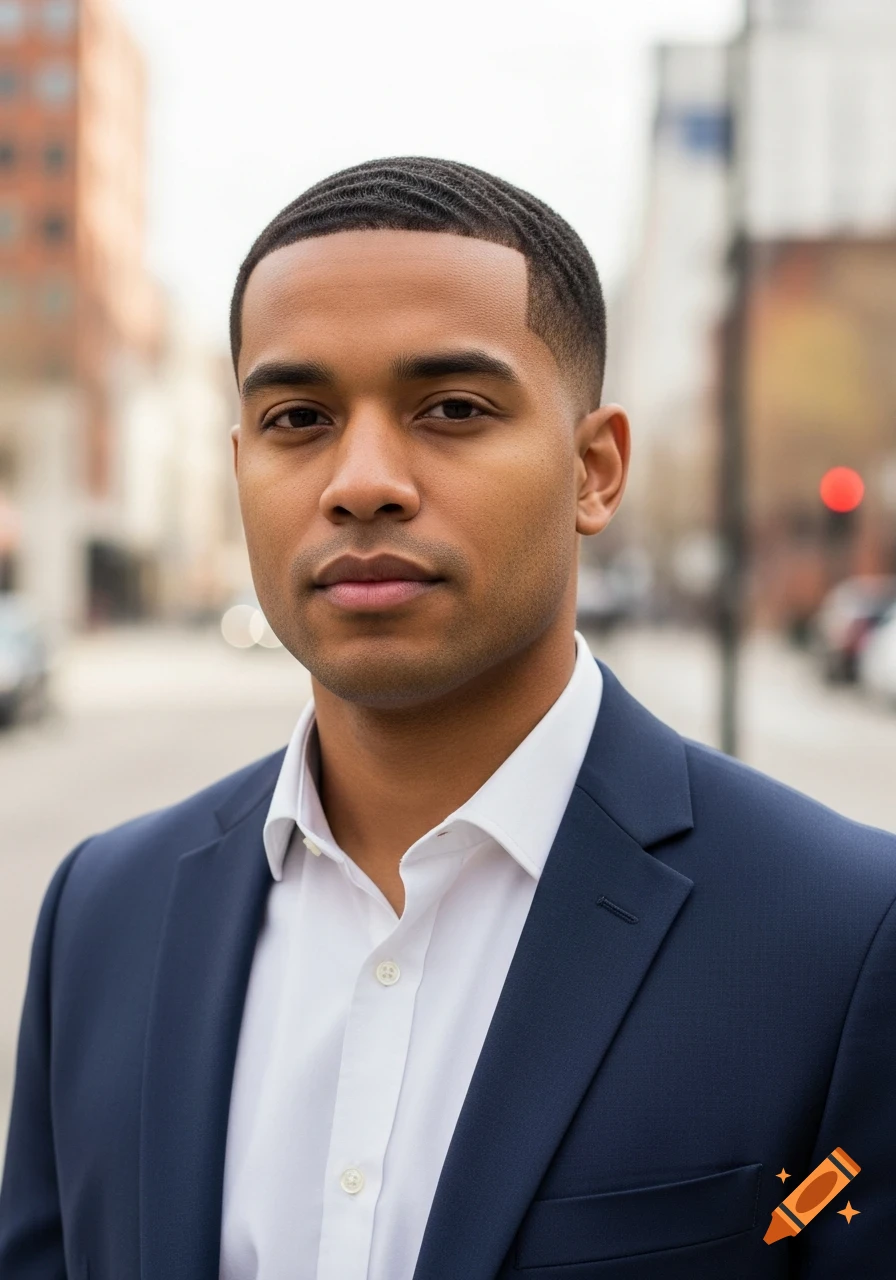 Photorealistic portrait of a young Black man in a dark blue suit and white shirt, looking directly at the viewer with an urban background.