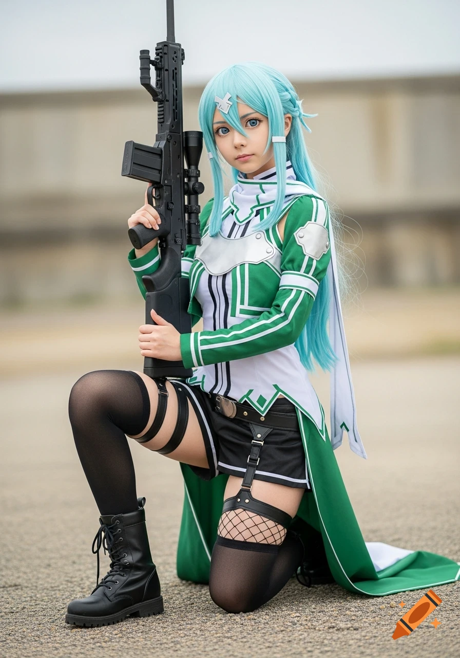 Photorealistic image of a woman cosplaying as Sinon with light blue hair, kneeling in a green and white outfit, holding a black sniper rifle.