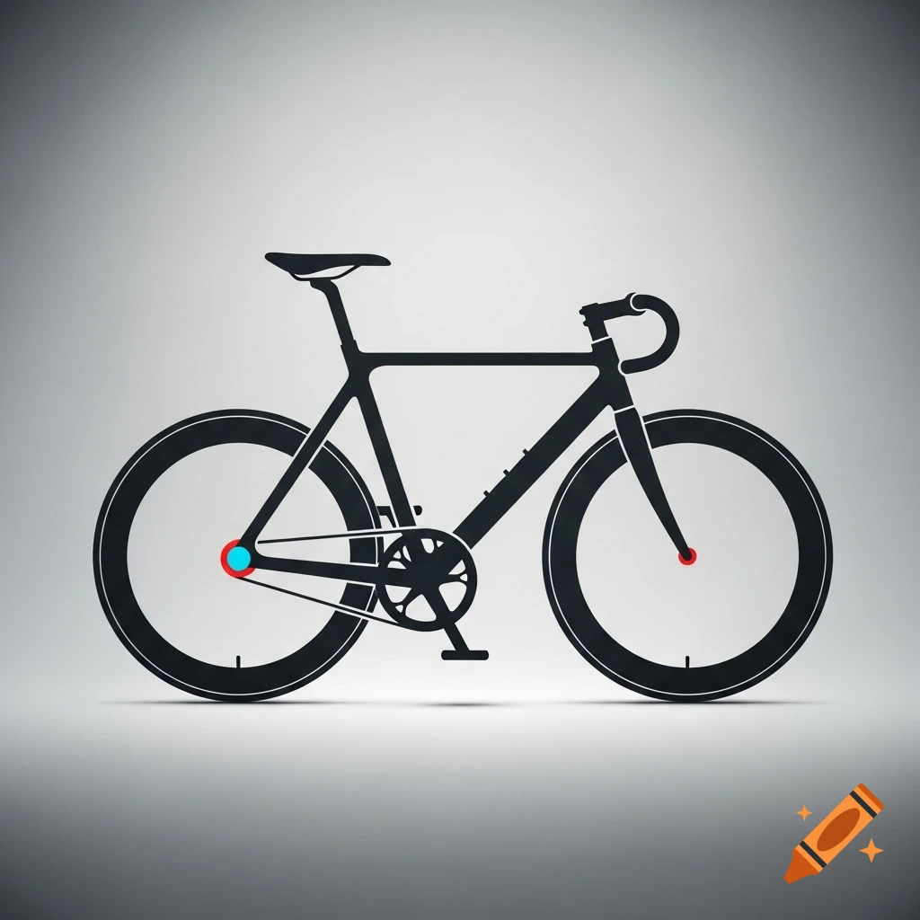 A minimalist black bicycle icon with a clean frame, rounded wheels, and small red and blue color accents on a grey gradient background.