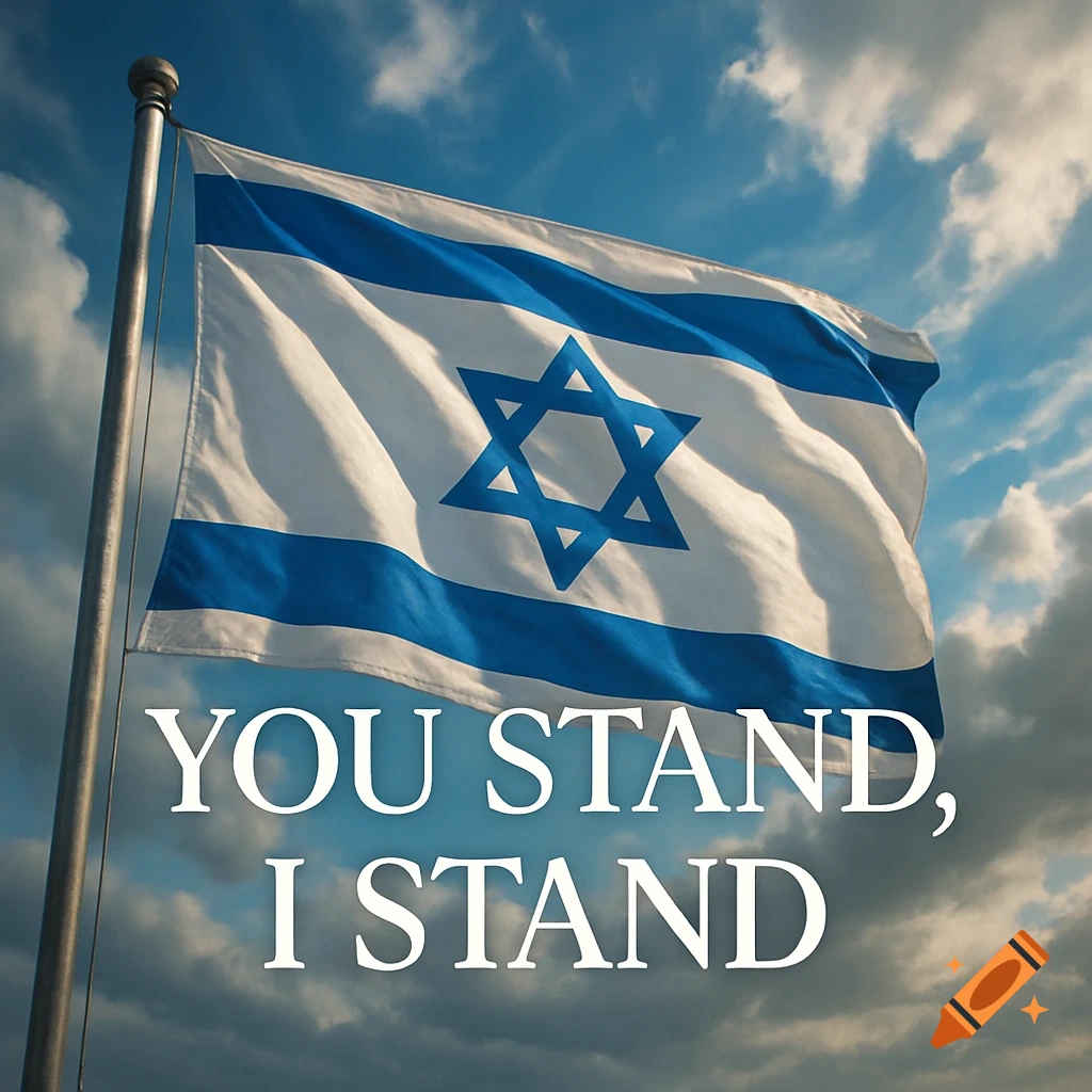 Photorealistic Israeli flag waving against a dramatic blue sky with text 'YOU STAND, I STAND'.