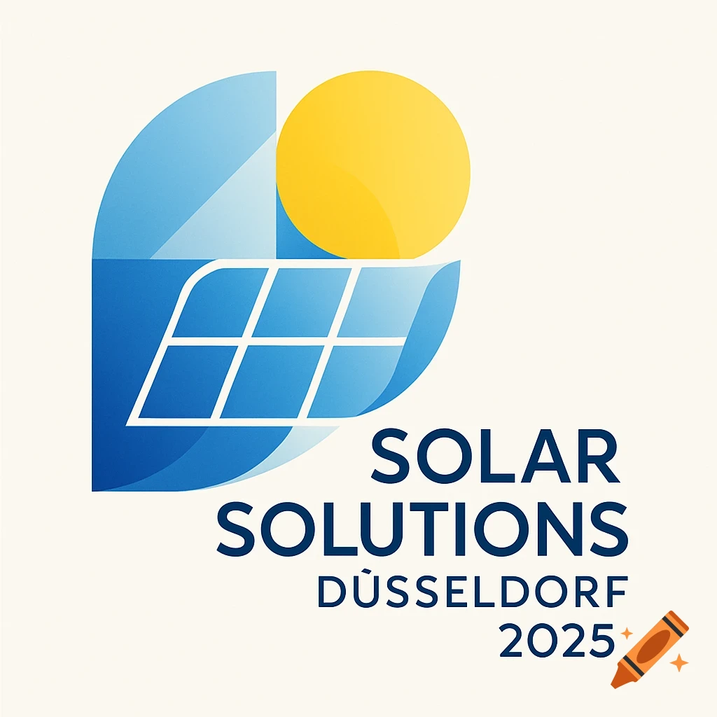 Logo for Solar Solutions Düsseldorf 2025, featuring a stylized blue solar panel and a yellow sun.