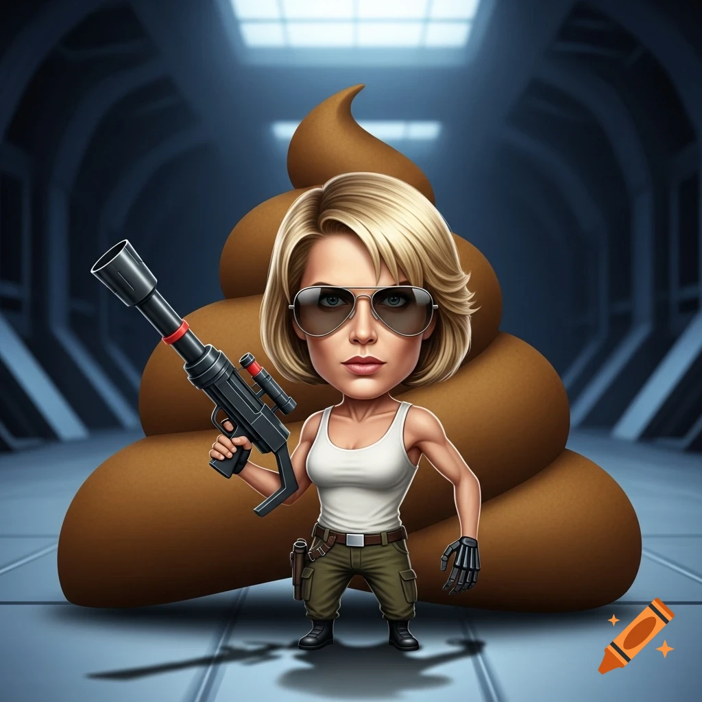 Cartoon Sarah Connor, in sunglasses and tactical gear with a rifle, stands before a giant poop emoji in a sci-fi setting.