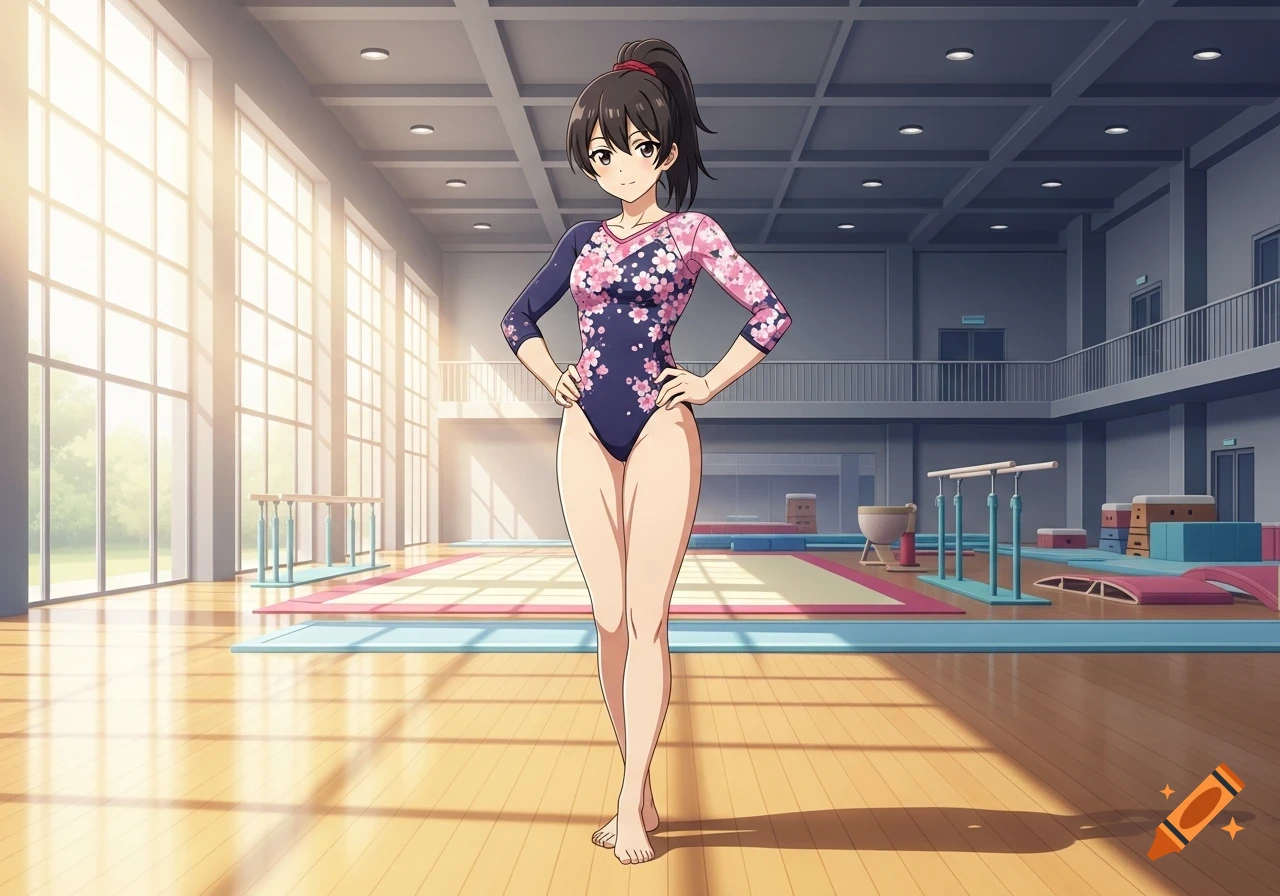 Anime gymnast with dark ponytail in a floral leotard standing with hands on hips in a sunlit gymnasium.