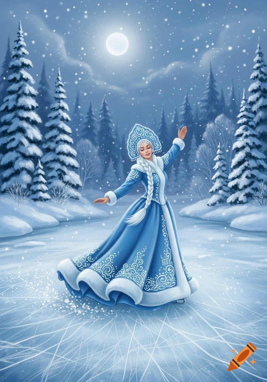 An illustration of Snegurochka (Snow Maiden) in a blue dress ice skating in a snowy forest under a full moon.