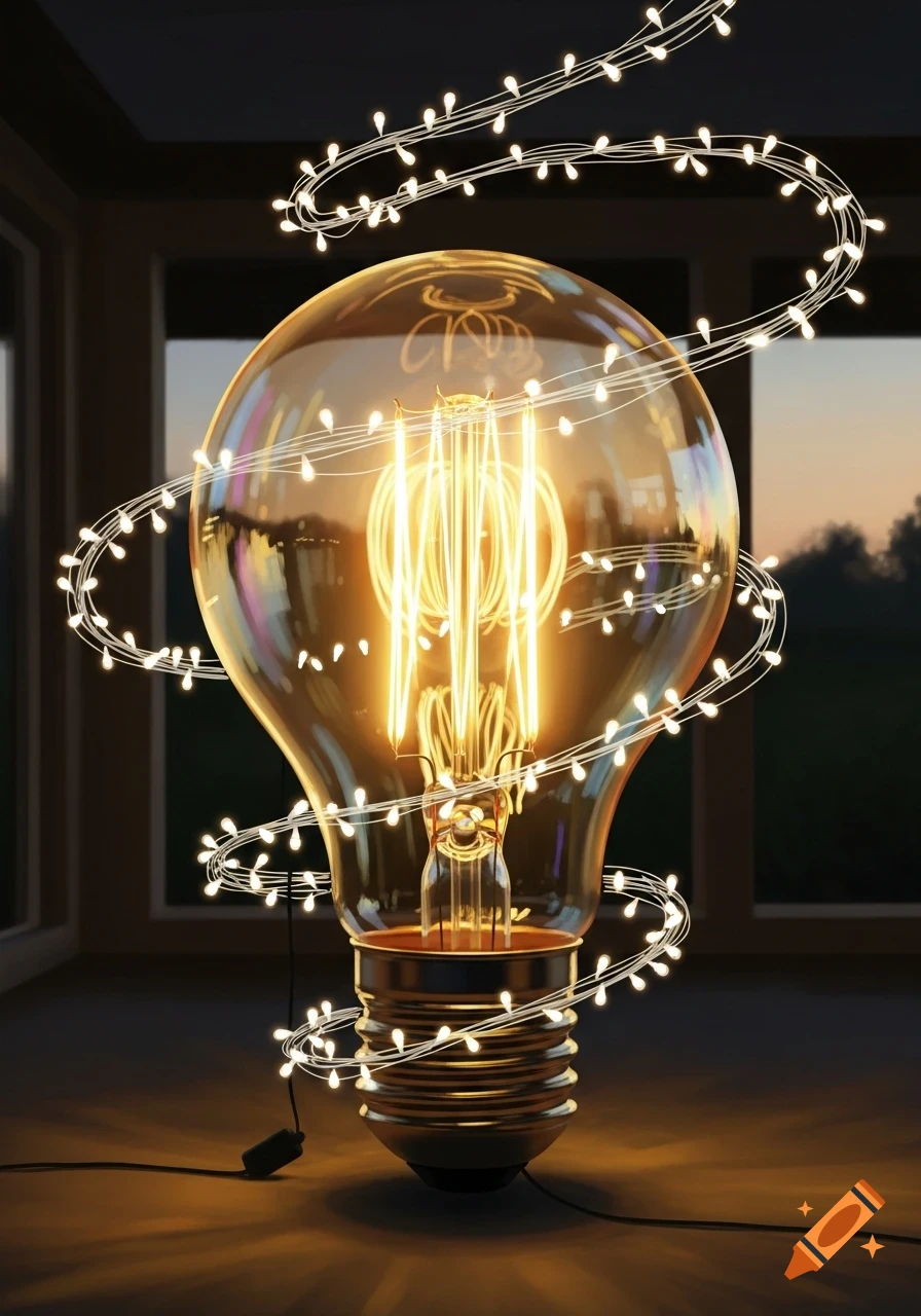 A giant, glowing Edison lightbulb wrapped in a spiraling string of tiny white lights, set indoors against a dark window at dusk.