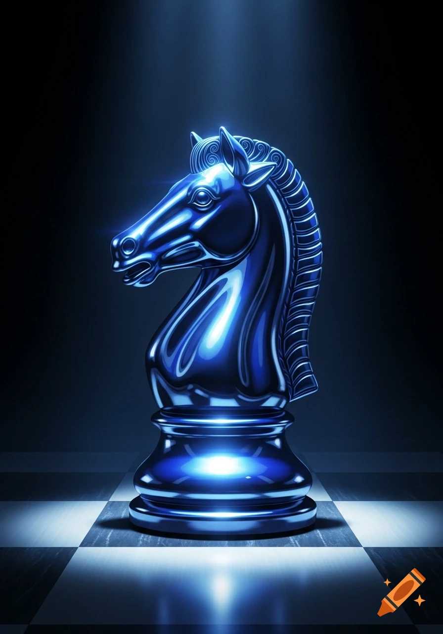 A shiny blue metallic chess knight stands on a blue-lit chessboard against a dark background, spotlighted from above.