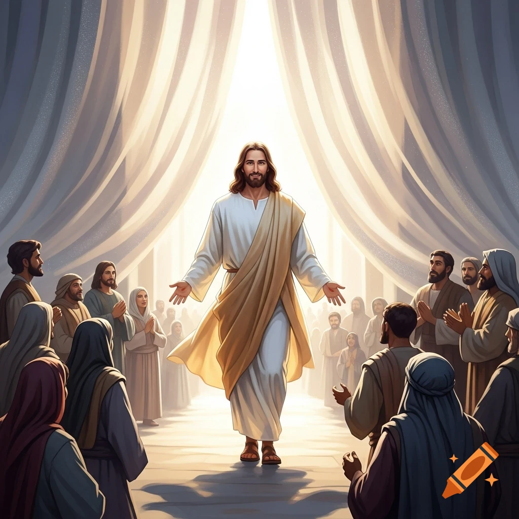 A radiant Jesus emerges from a bright light between flowing curtains, arms outstretched, to a reverent crowd in an illustrative style.