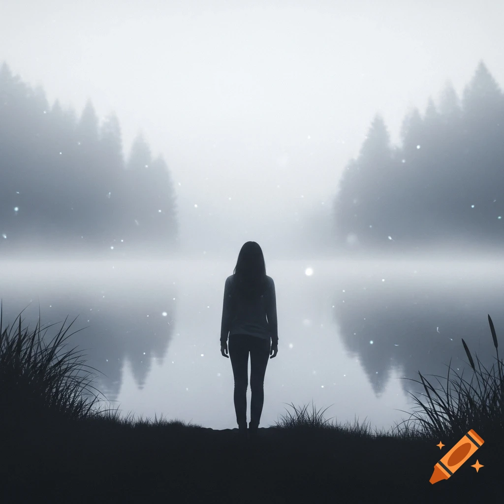 A silhouetted figure stands by a misty lake under a soft, glowing sky, with dark grass in the foreground.