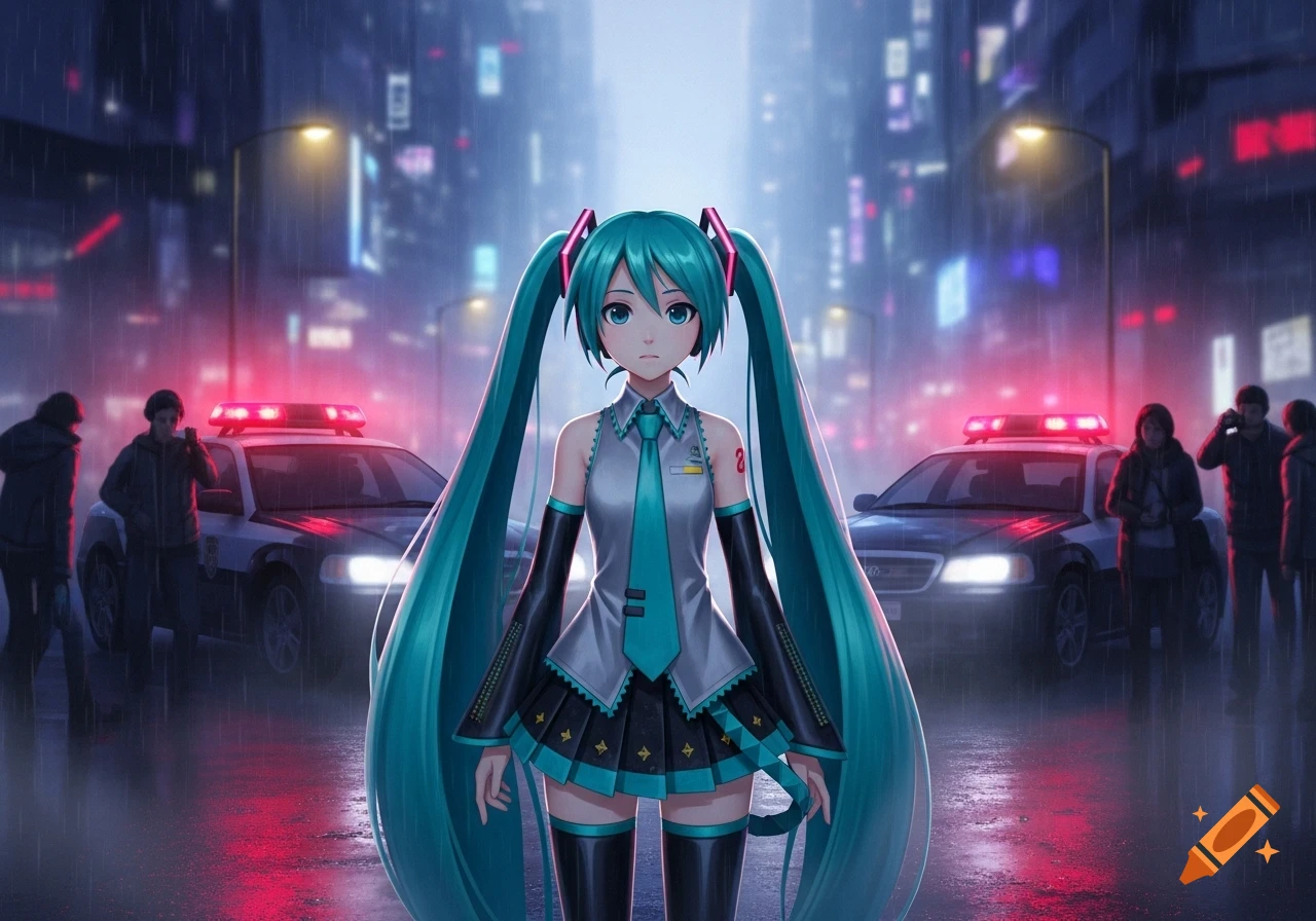 Hatsune Miku in a uniform stands in a rainy city street at night, with two police cars and blurry figures in the background.