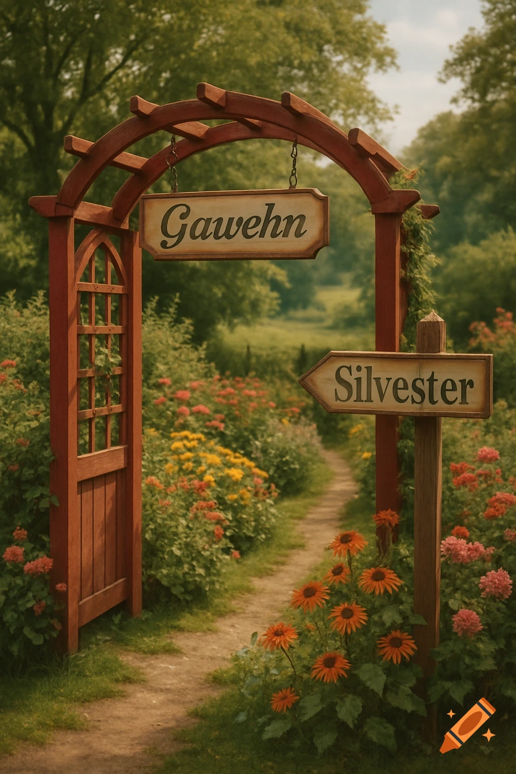 A rustic wooden garden archway with a sign reading "Gawehn," and a signpost pointing right to "Silvester" along a path through a vibrant flower garden.