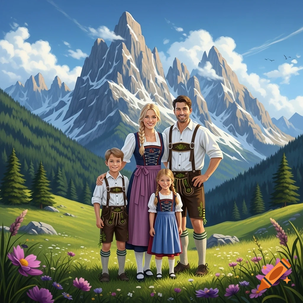 A smiling Bavarian family in traditional attire stands in a vibrant green field with flowers, against a backdrop of towering snow-capped mountains under a blue sky.