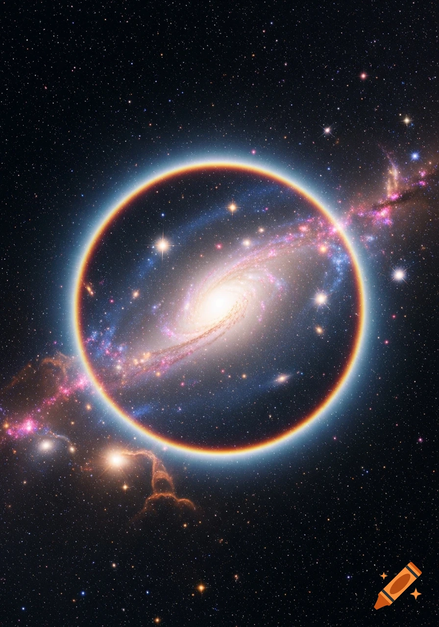 A spiral galaxy is encircled by a bright, glowing ring against a dark, starry space background.