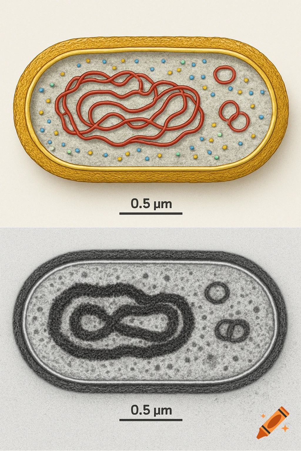 A top color diagram and a bottom black and white electron micrograph show a rod-shaped prokaryotic cell with a 0.5 5m scale bar.