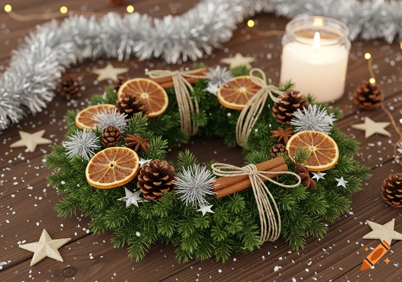 A festive Christmas wreath with dried oranges, pinecones, cinnamon sticks, and silver ornaments, with a lit candle and tinsel on a wooden table.