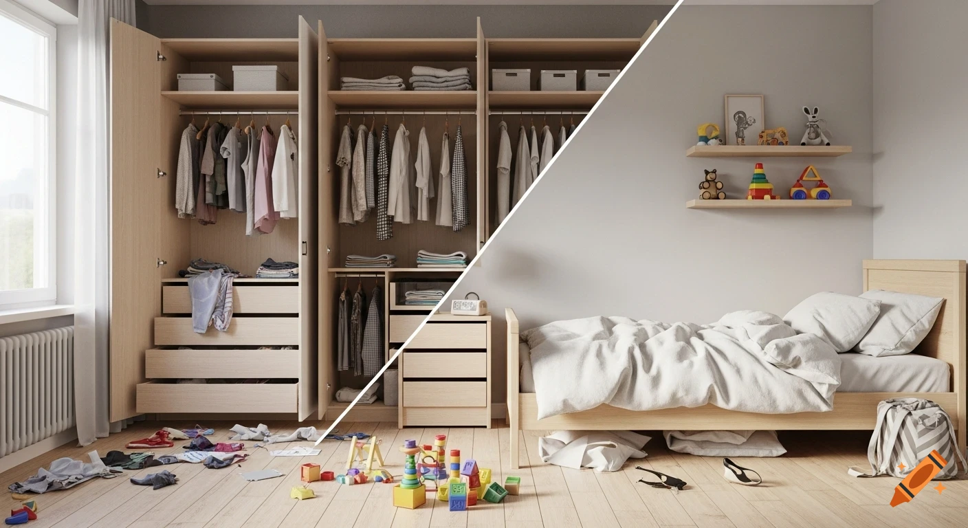 A photorealistic split image of a child's bedroom, showing a messy side with clothes and toys on the floor, and a tidy side with everything organized.