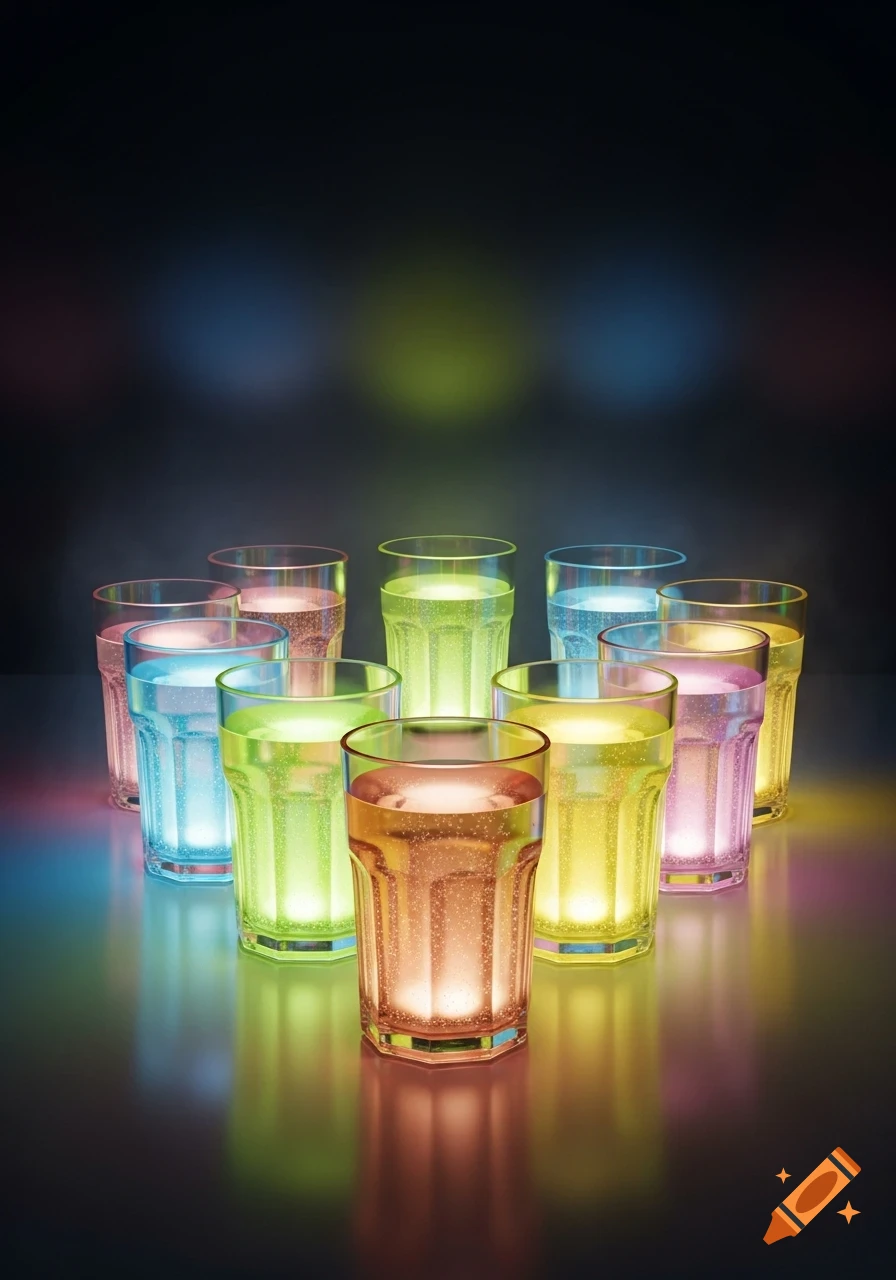 Multiple glasses of glowing colorful liquid arranged on a reflective surface in a dark room.
