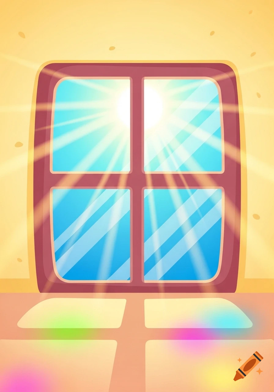 A cheerful cartoon window with bright sunlight shining through, casting colorful light and shadows on the floor.