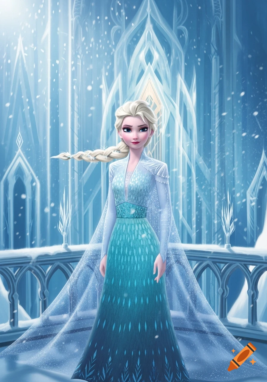 Elsa from Frozen stands in a sparkling ice palace as snow falls, wearing her blue and teal ice dress.