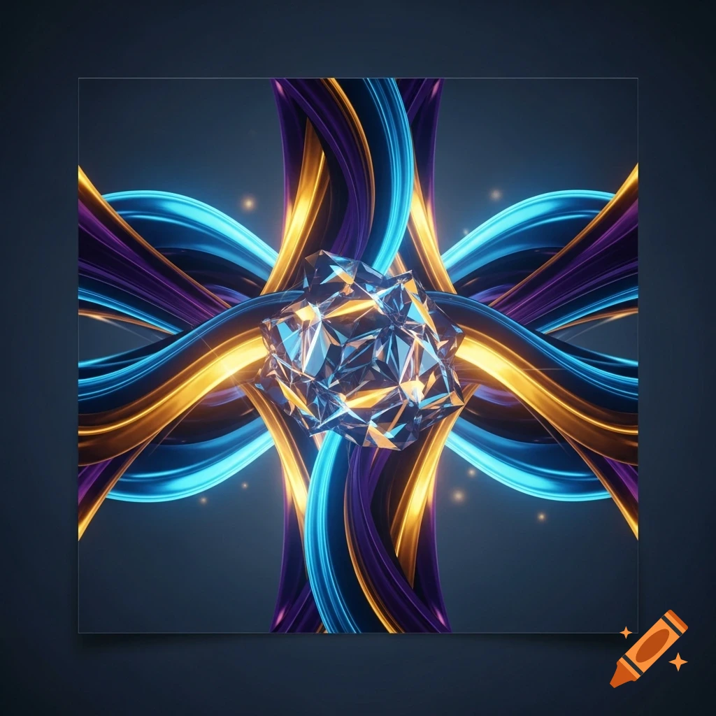 Abstract glowing blue, purple, and gold intertwined ribbons surrounding a multifaceted crystal on a dark background.