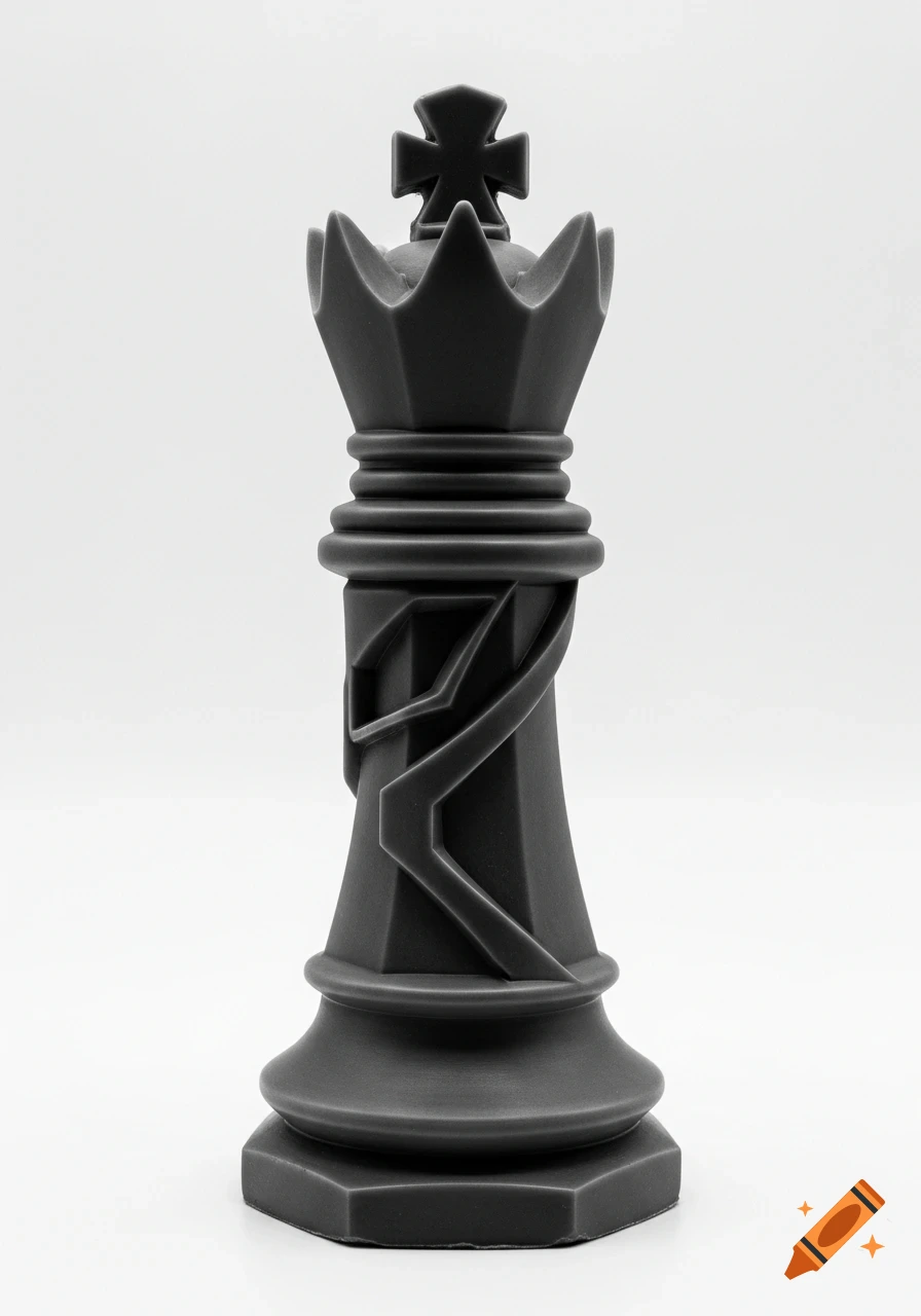 A black, stylized chess king piece, designed in a constructivist style, against a white background.