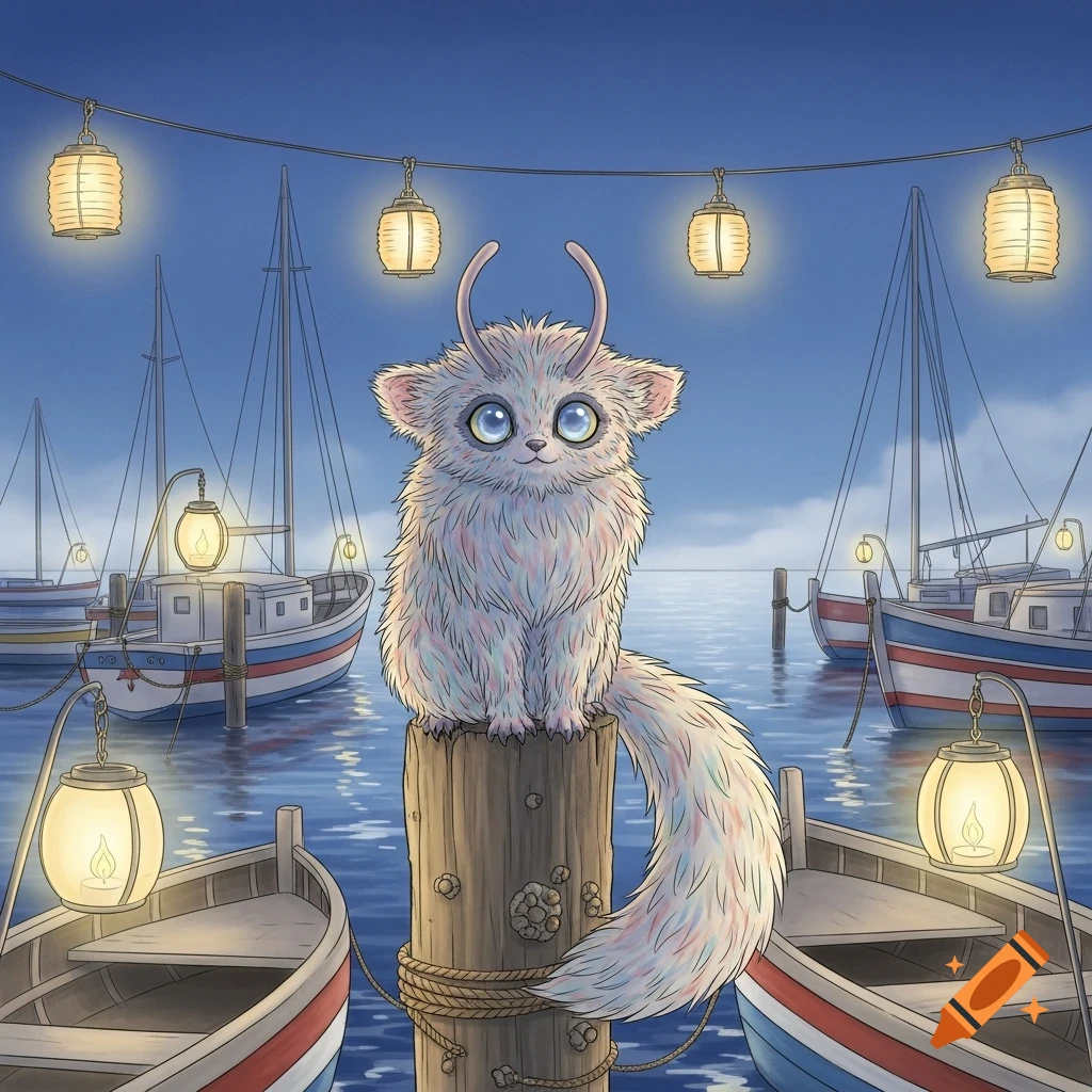 A cute, fluffy creature with big blue eyes and small horns sits on a wooden pole in a night harbor with boats and lanterns.