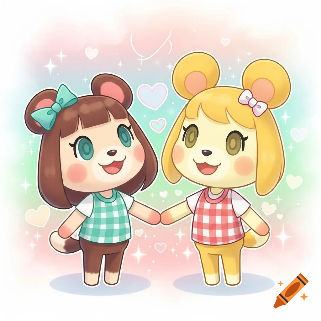 Two adorable Animal Crossing characters, Molly and Isabelle, hold hands and smile in a pastel background with hearts and sparkles.