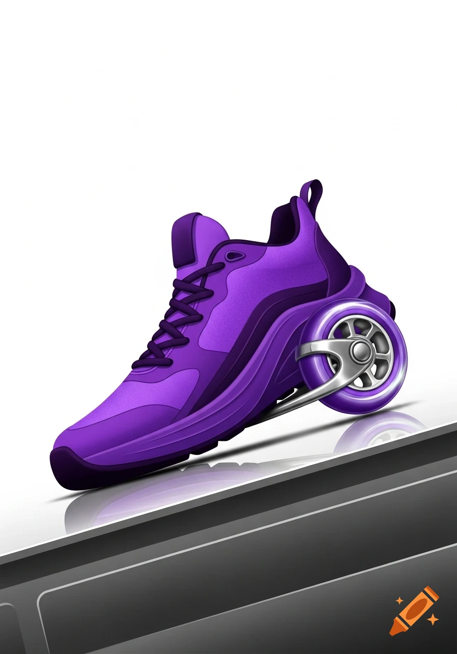 A vibrant purple sneaker with a single roller wheel attached to its side, on a reflective white and dark grey surface.