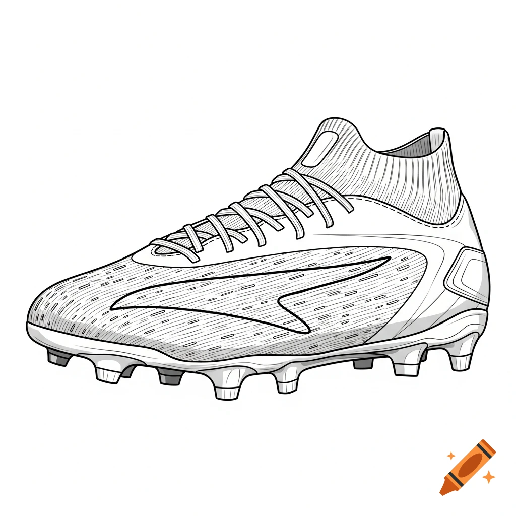 Black and white line art illustration of a football shoe with cleats.