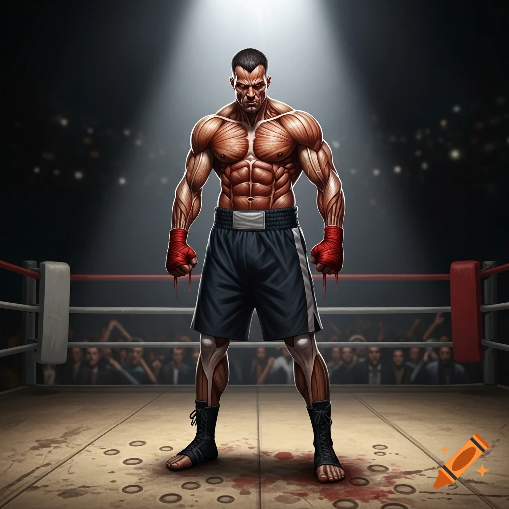 A highly muscular, angry boxer with visible anatomy and blood on the floor stands in a boxing ring under a spotlight in a stylized illustration.