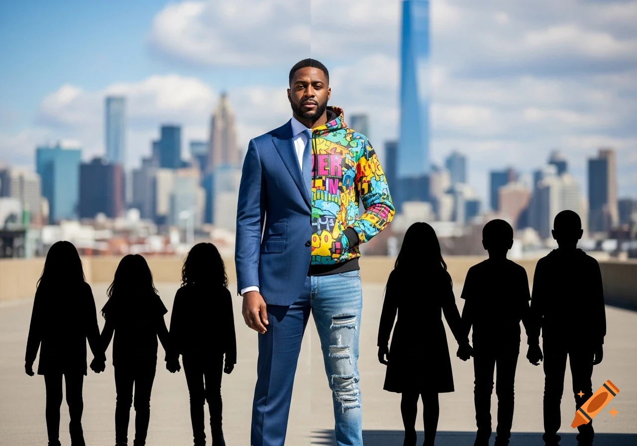 A man in a half-suit, half-streetwear outfit stands with six silhouetted children against a city skyline.