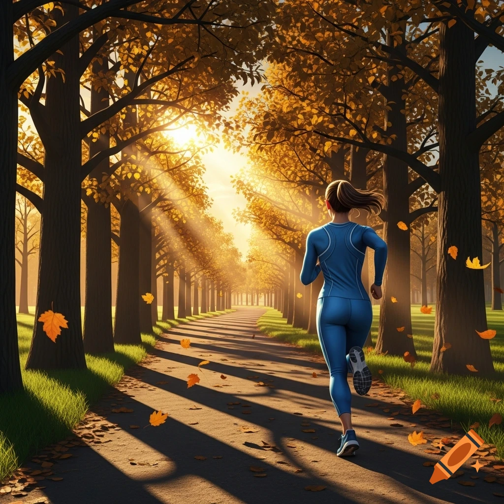 A woman runs down a tree-lined path with golden autumn leaves and sun rays filtering through the canopy.
