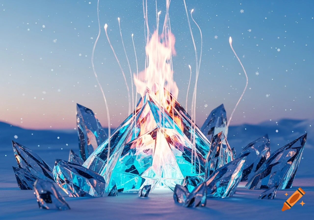 A vibrant geometric ice crystal burning with fire, surrounded by shards in a snowy winter landscape.
