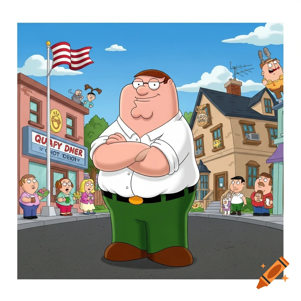 Peter Griffin stands with his arms crossed on a city street, surrounded by various cartoon characters and buildings including a diner with garbled text on its sign.