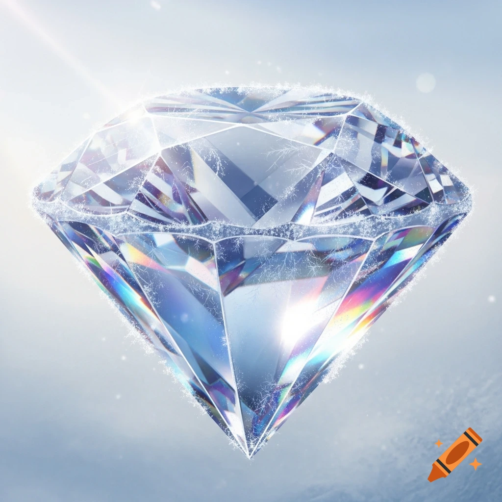 A sparkling, faceted diamond covered in frost, with rainbow refractions and bright light against a soft blue background.
